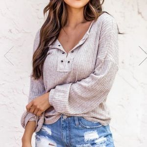 Pink Lily Lasting Words Split Taupe V-Neck Ribbed Blouse